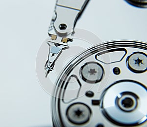 Close up of open computer hard disk drive