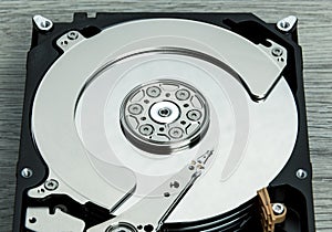 Close up of open computer hard disk drive HDD