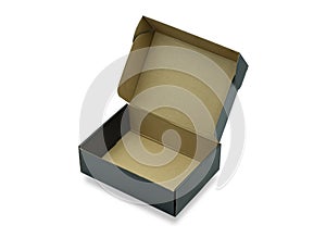 Close-up of open empty black cardboard box, inside brown on white background with clipping path. Mockup design, carton box product