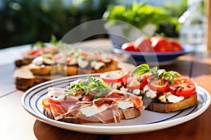 close-up of an open-face prosciutto sandwich and caprese salad