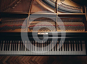 Close-up of an open piano, showcasing its keys and internal strings, evoking a sense of music and artistry.