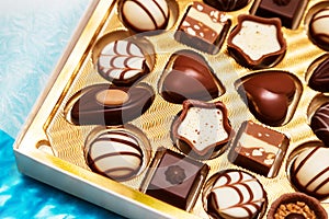 Close up of open small gift box of Swiss chocolate candies. Luxurious selection of milk, dark and white miniature