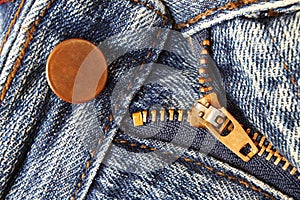 Close up Open Zipper of a pair of Blue Jeans