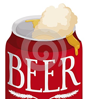 Close-up of a opened beer can with froth, Vector illustration