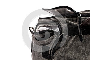 Close up opened camera bag, isolated on white background