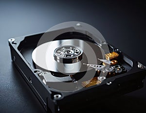 Close-Up of an Opened Computer Hard Disk Drive Showcasing Internal Components