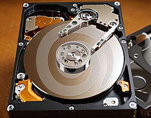 Close-Up of an Opened Computer Hard Disk Drive Showcasing Internal Components