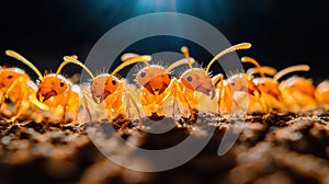 Close-up of orange ants marching in a line