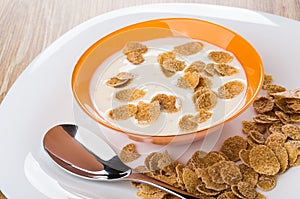 Close up of orange bowl with yogurt, multicereal flakes, spoon