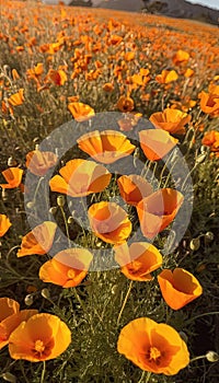 Close-up orange California poppies shining brightly under the sun popping blossoms