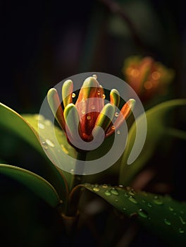 Close-up of an orange flower with droplets of water on its leaves. These droplets are located near center of flower