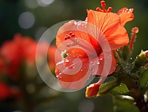 Close-up of an orange flower with droplets of water on its petals. These droplets are located near center of flower