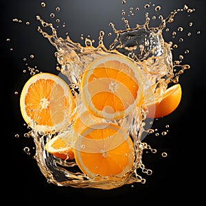 Close-up of orange fruit against black background. Fresh parts orange, slices falling into the water with a splash of water and