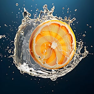 Close-up of orange fruit against black background. Fresh parts orange, slices falling into the water with a splash of water and