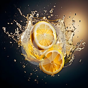 Close-up of orange fruit against black background. Fresh parts orange, slices falling into the water with a splash of water and