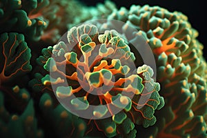 close-up of orange and green hued coral created by generative AI