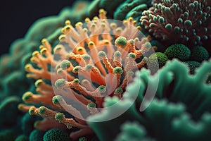 close-up of orange and green hued coral created by generative AI