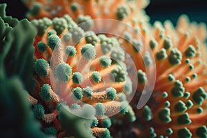 close-up of orange and green hued coral created by generative AI