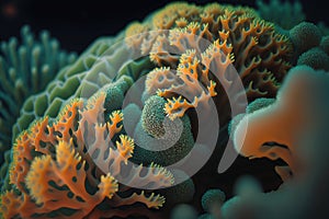 close-up of orange and green hued coral created by generative AI