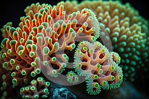 close-up of orange green hued coral created by generative AI