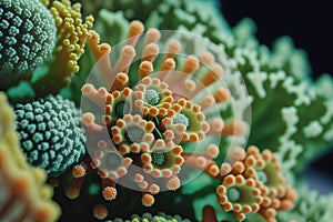 close-up of orange green hued coral created by generative AI