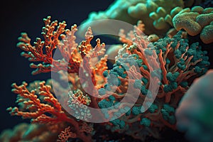 close-up of orange green hued coral created by generative AI