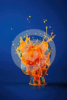 Close up of orange liquid splashing on blue background created using generative ai technology