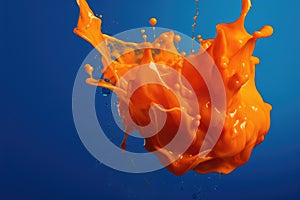 Close up of orange liquid splashing on blue background created using generative ai technology