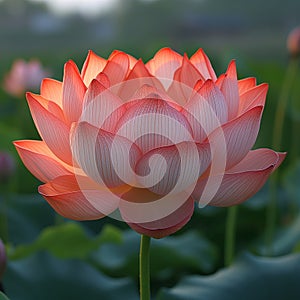 Close-up of an orange lotus flower in bloom, its petals delicately translucent with visible veins, set against a blurred green