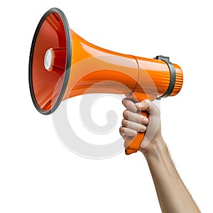 Close-up of a orange megaphone held in hand, isolated on a white or transparent background. The megaphone is directed