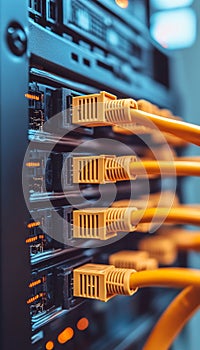 Close-Up of Orange Network Cables Connected to a Server, Big Data Processing Concept.