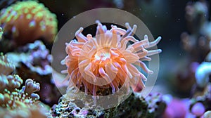 A close up of an orange sea urchin on a coral reef, AI