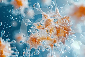 Close-up of orange transparent sea creature amidst bubbles in blue water macro wallpaper background