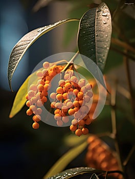 Close-up of an orange tree, with several oranges hanging from branches. These oranges are green and yellow in color