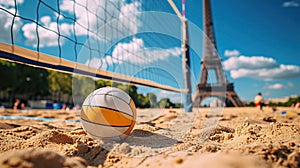 Close-up of an orange volleyball on sandy court in Paris, with Eiffel Tower in the background, Summer Olympics in 2024