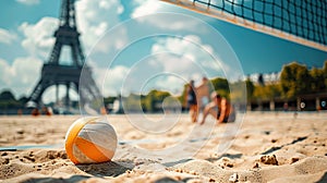 Close-up of an orange volleyball on sandy court in Paris, with Eiffel Tower in the background, Summer Olympics in 2024