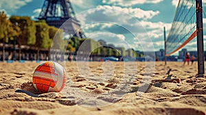 Close-up of an orange volleyball on sandy court in Paris, with Eiffel Tower in the background, Summer Olympics in 2024