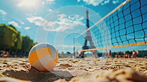 Close-up of an orange volleyball on sandy court in Paris, with Eiffel Tower in the background, Summer Olympics in 2024
