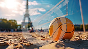 Close-up of an orange volleyball on sandy court in Paris, with Eiffel Tower in the background, Summer Olympics in 2024