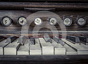 Close up of organ keys in an abandoned church
