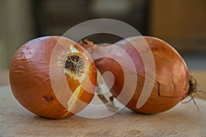 Close-up of two brown onions on wooden table, kitchen, healthy food, vegetarian