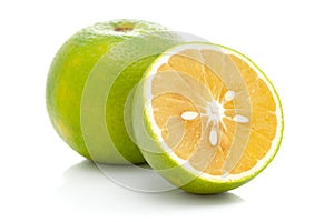 Close-up of Organic Indian Citrus fruit sweet limetta or mosambi Citrus limetta with its half cut, it is an green and yellow in photo