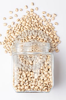 Close up of Organic soybean,  Glycine max  or soya bean dal spilled and in a glass jar.