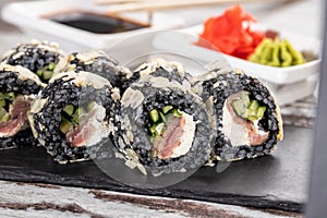 Close up of original unconventional sushi with black rice
