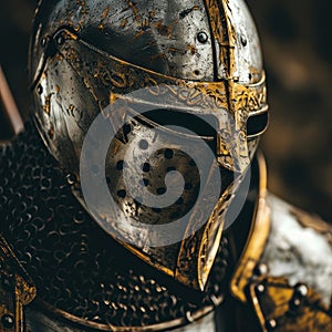 Close-up of an ornate medieval knight helmet