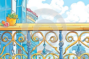 close-up on the ornate railing of mediterranean balcony, magazine style illustration