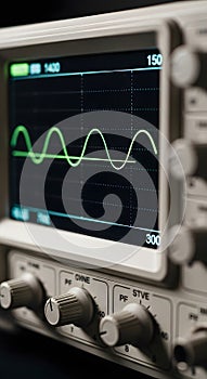 Close-up of an oscilloscope screen displaying a green sine waveform, with control knobs visible