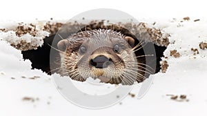 A close up of an otter peeking out from a hole in the snow, AI