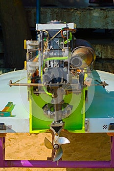 Close-up of an outboard for a racing boat