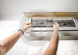 Close-up outdoor air condition unit with clogged obstructed compressor radiator grill. Details of air conditioner needed to clean